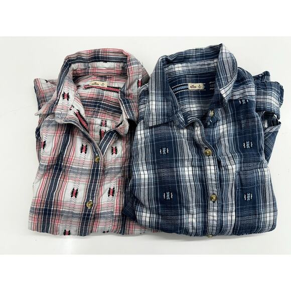Hollister Women Shirt XS Pink and Blue Plaid Long Sleeve Button Up Set of Two - Picture 1 of 16